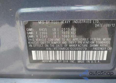 2013 Subaru Legacy 2.5I Premium from USA, damaged, VIN 4S3BMBG61D3009779